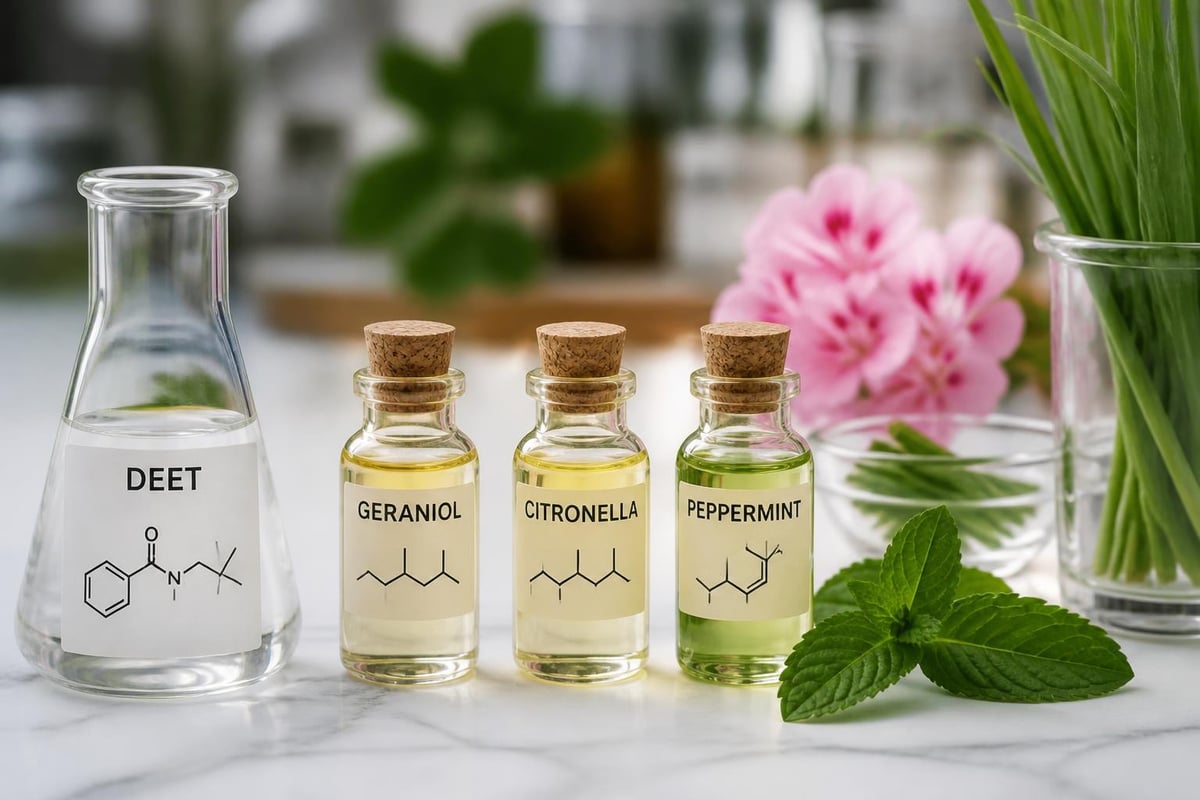 DEET chemical structure versus natural plant-based repellent compounds