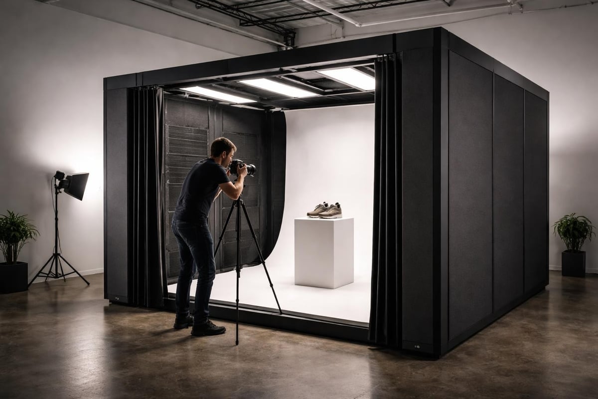 Box photo booth privacy and lighting control