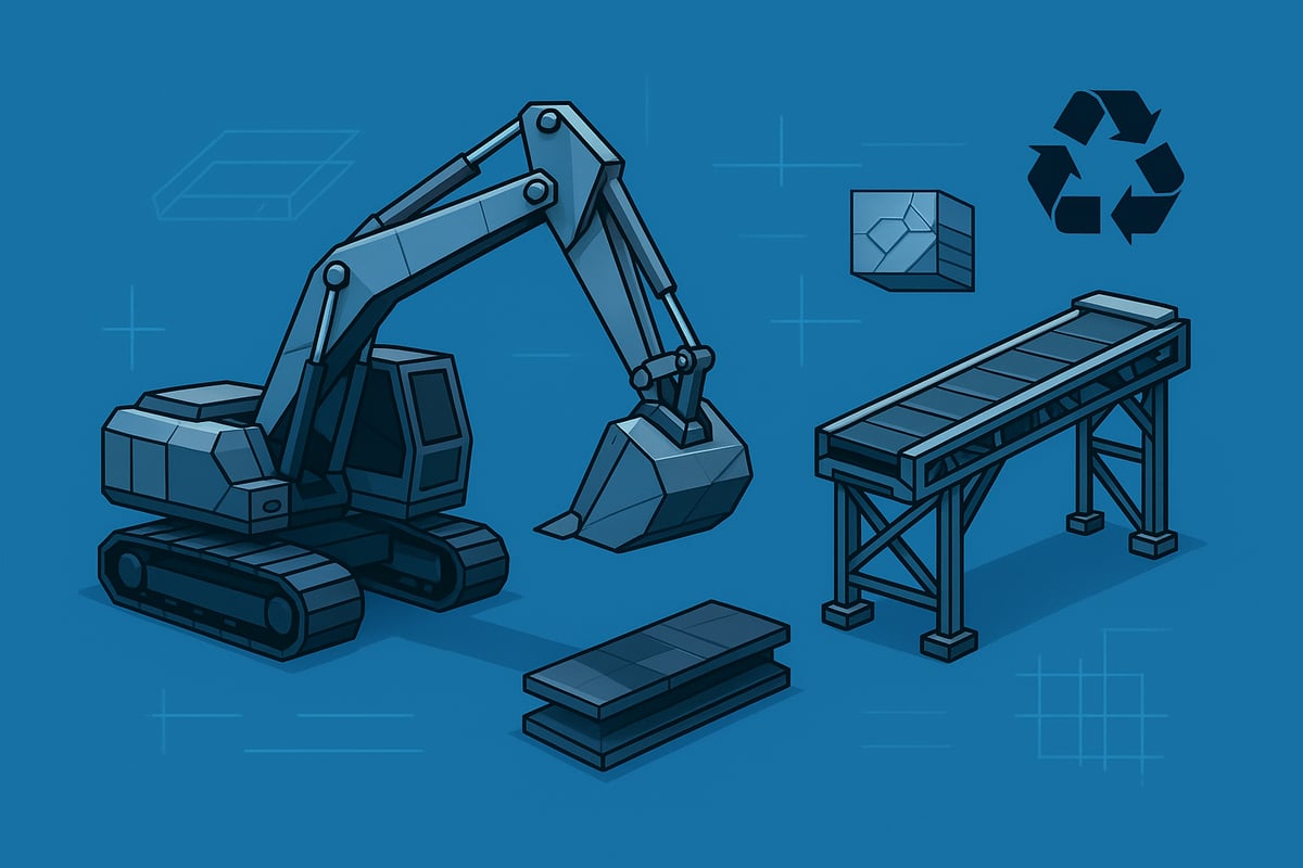 Geometric illustration of a mining excavator, structural steel beams, and a conveyor belt on a blue background, representing structural steel fabrication for mining equipment.
