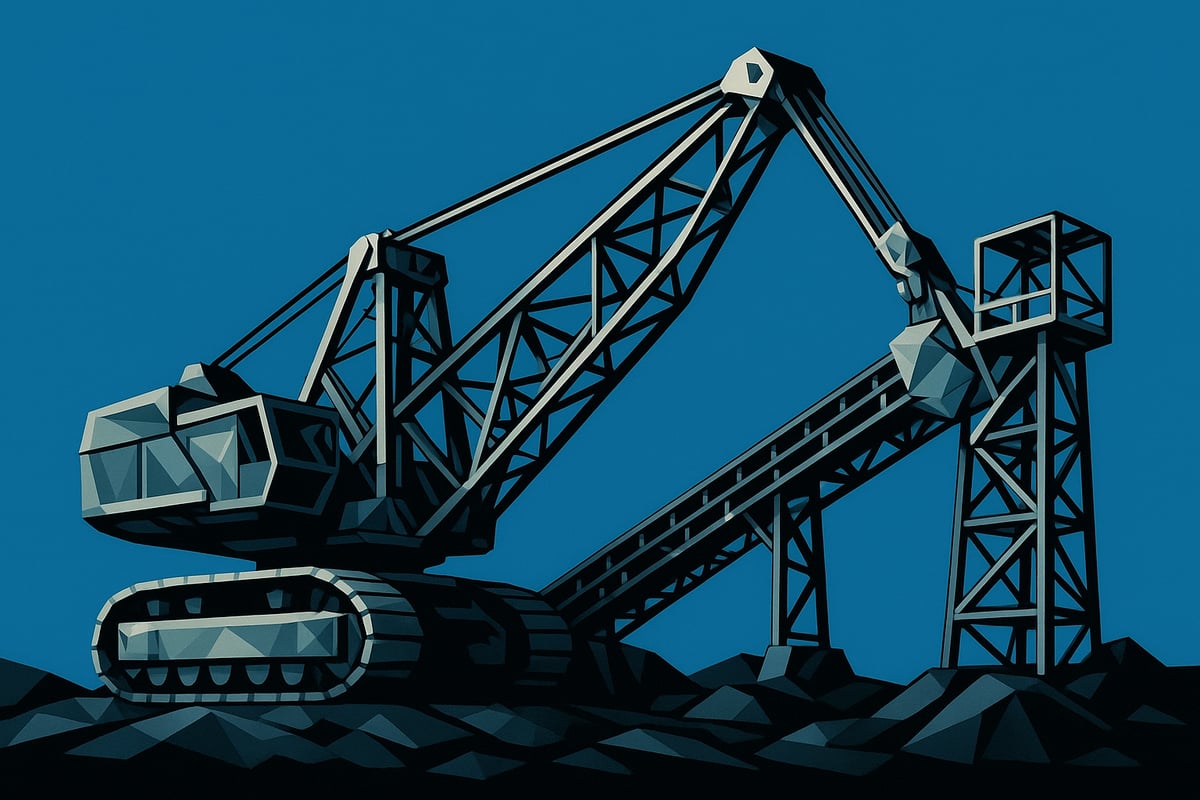 Low-poly illustration of a heavy-duty dragline excavator, symbolizing structural steel fabrication's importance in mining equipment, set against a blue background.