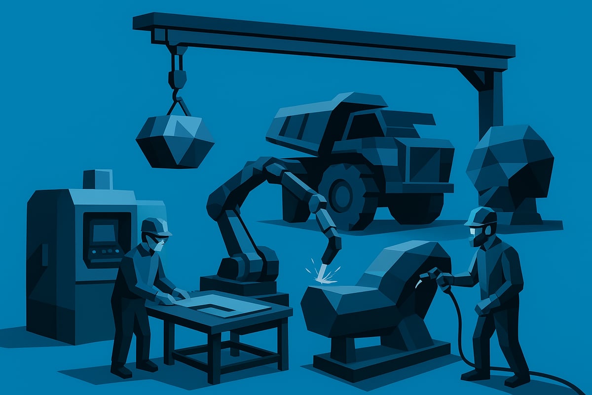 Low-poly style illustration depicting structural steel fabrication for mining equipment, featuring workers at a table, robotic arm, welding process, and industrial machinery in a blue-toned environment.