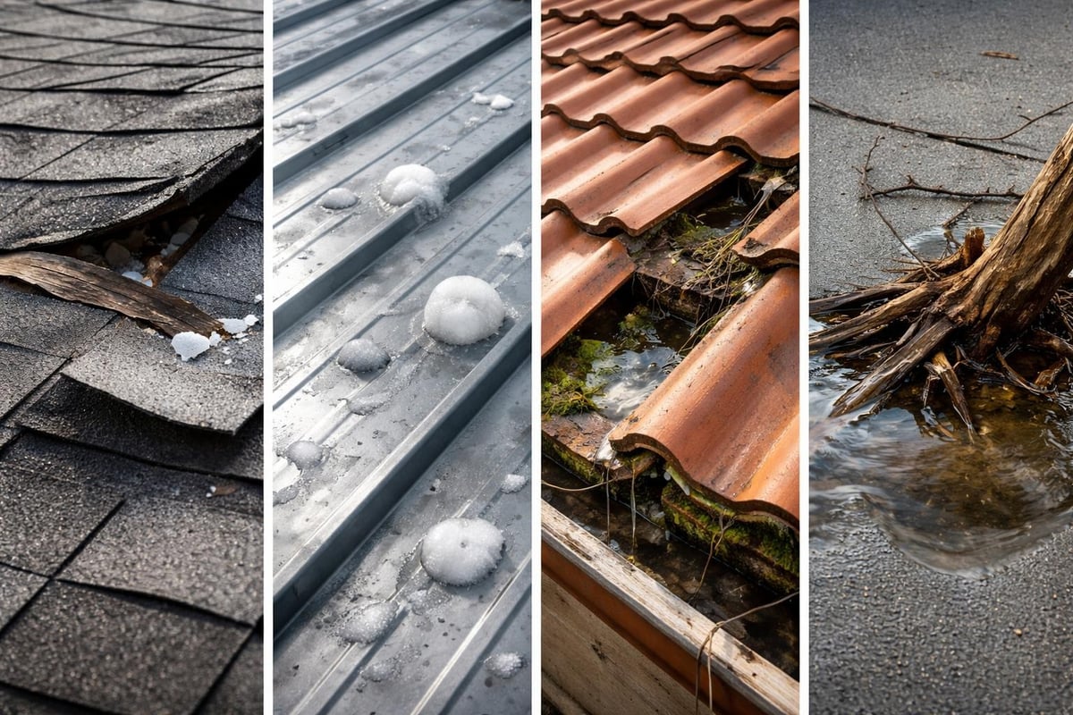Different types of storm damage on roofing systems