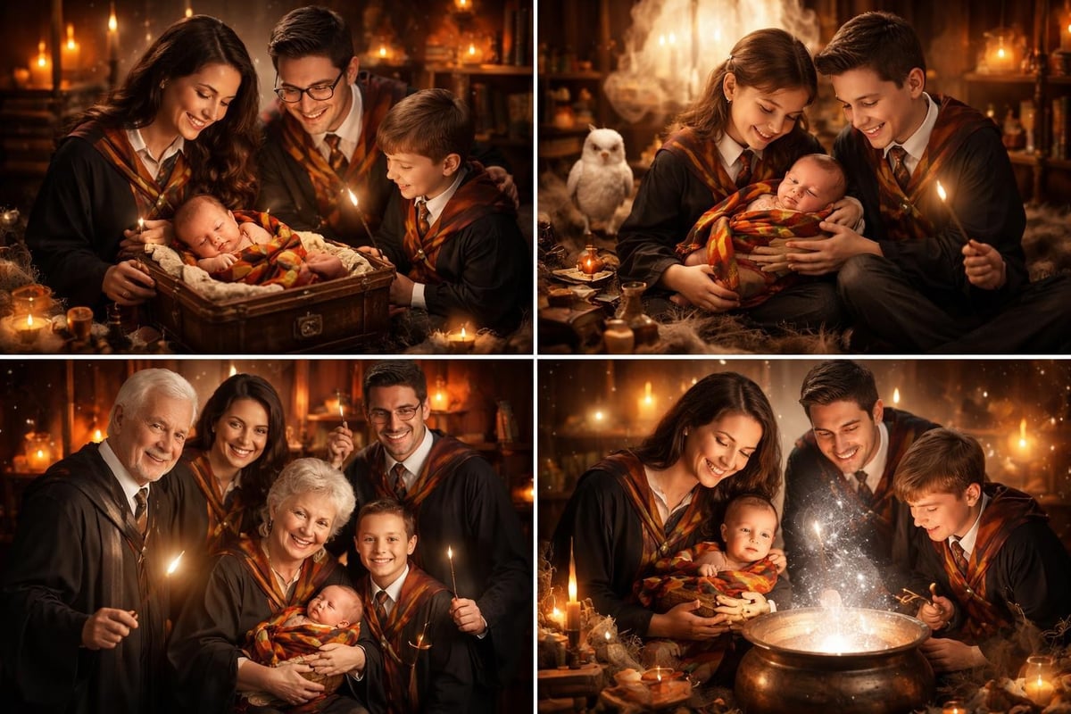 Family participation in Harry Potter newborn photos