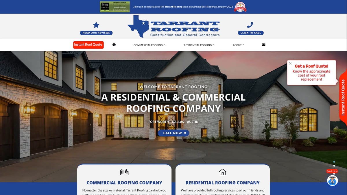 Tarrant Roofing website homepage showcasing a modern residential building with stone and brick exterior, emphasizing roofing services for Fort Worth and surrounding areas.