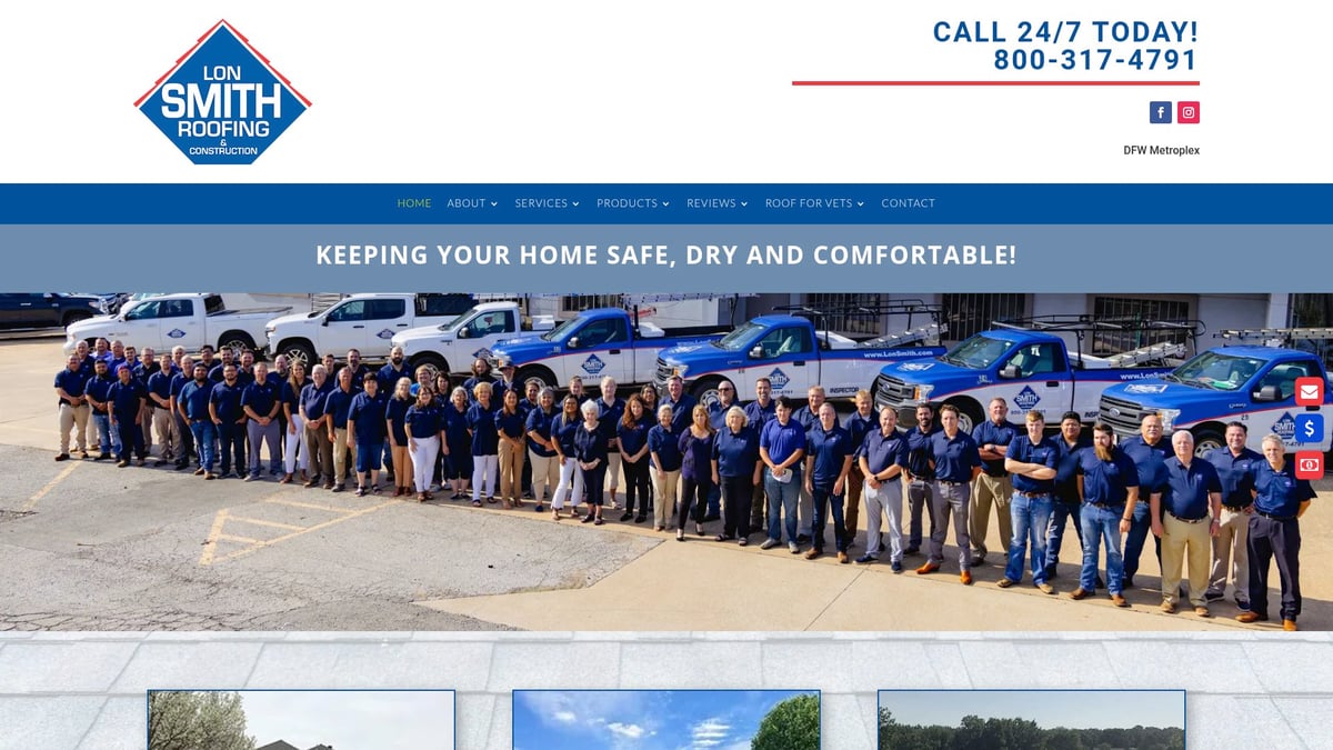 Group of Lon Smith Roofing & Construction staff in blue shirts, standing in front of company trucks, representing a trusted Fort Worth roofing company focused on quality and community involvement.