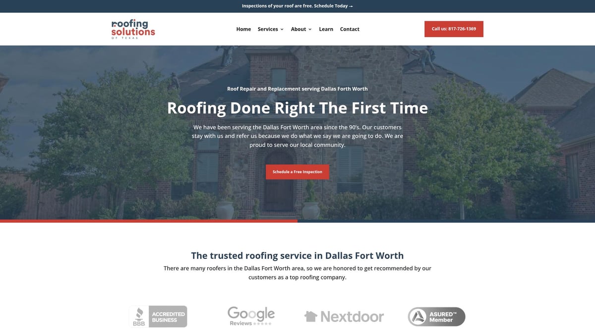 Roofing Solutions of Texas website showcasing roof repair and replacement services in Dallas Fort Worth, featuring a modern home with a well-maintained roof and landscaping.