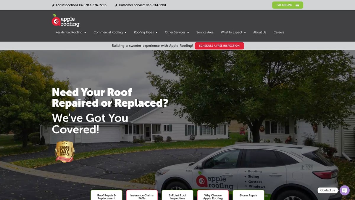 Apple Roofing vehicle parked outside a residential property, showcasing their roofing services with a focus on customer support and emergency repairs.