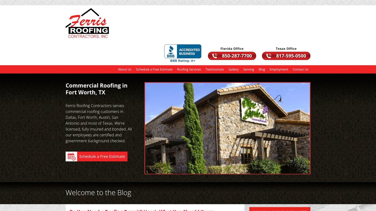 Ferris Roofing Contractors' commercial building exterior in Fort Worth, showcasing stone architecture and signage, representing roofing services and expertise in the local market.