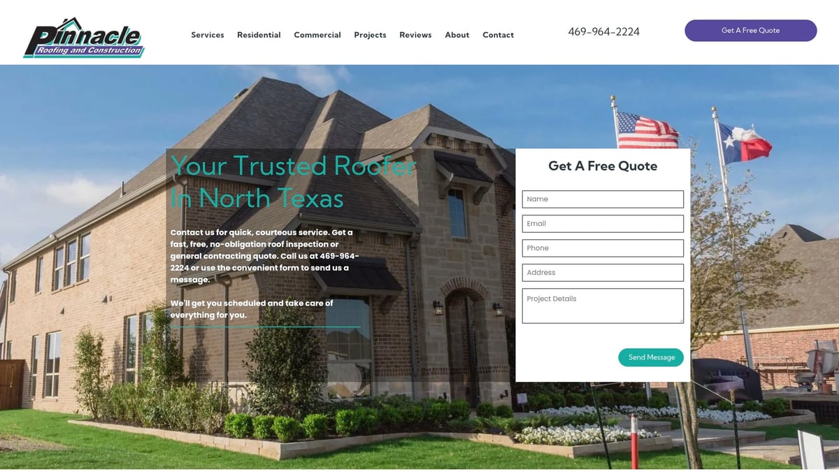 Pinnacle Roofing and Construction website showcasing a residential building with a modern roof design, featuring a contact form for free quotes, emphasizing trusted roofing services in North Texas.