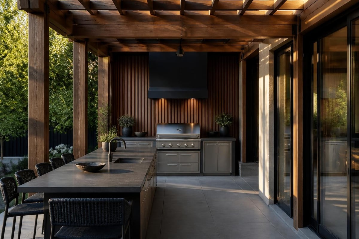 Cedar pergola outdoor kitchen integration