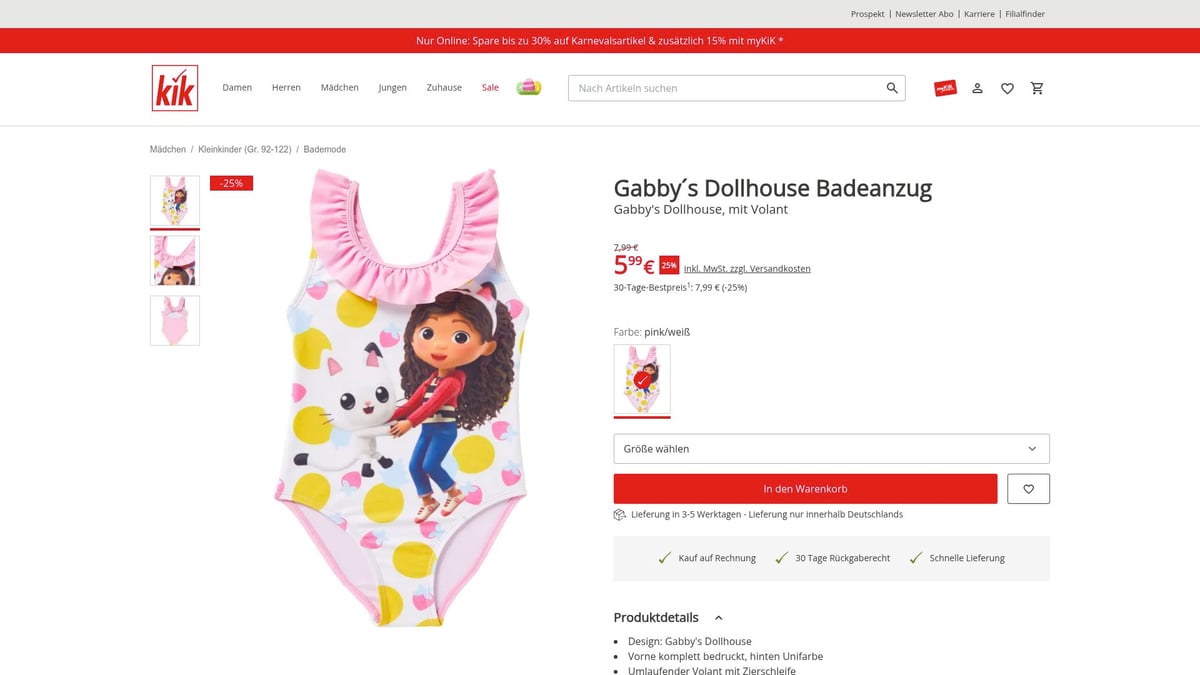 8 Stilvolle Kinder Bademode für Mädchen 2026 im Überblick - Gabby’s Dollhouse Badeanzug mit Volant – KIK
