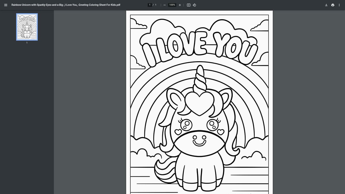 12 Adorable Love Printable Coloring Pages for 2026 - Rainbow Unicorn with Sparkly Eyes and a Big I Love You Greeting