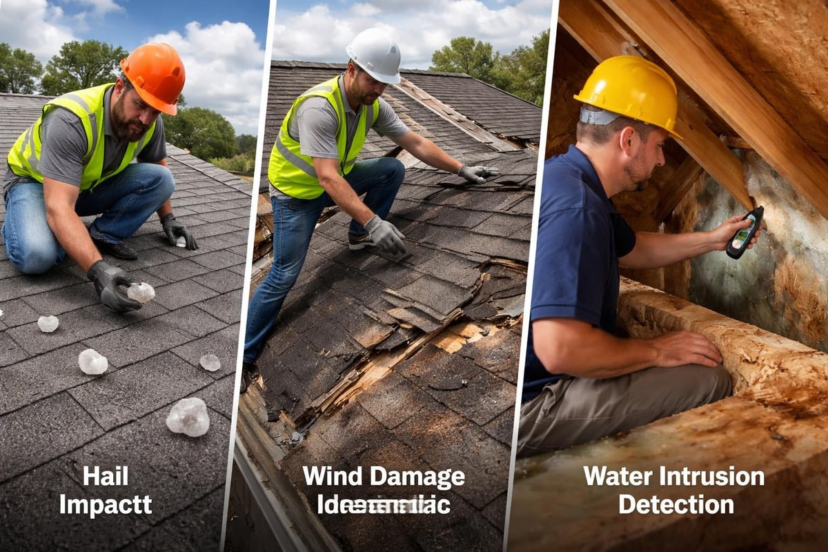 Roofing inspection process showing hail impact assessment, wind damage identification, and water intrusion detection by professionals in safety gear.