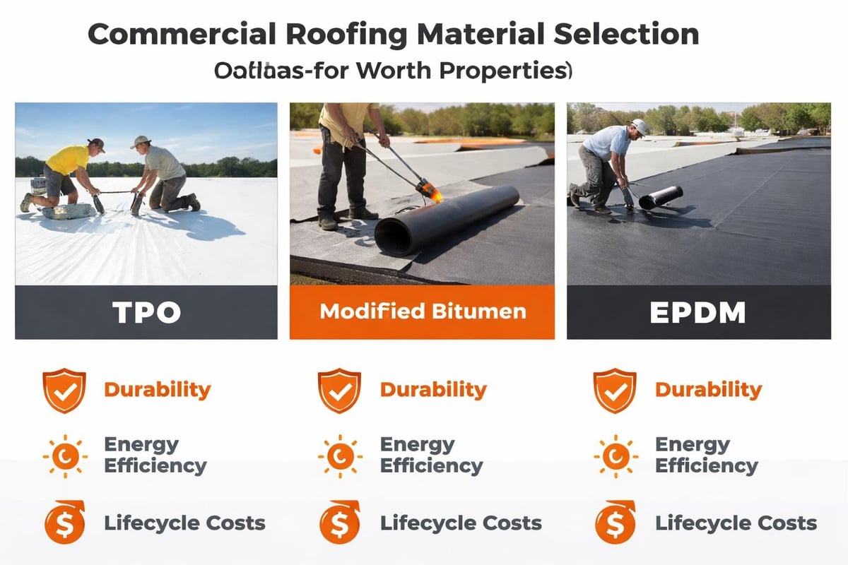 Commercial roofing material selection featuring TPO installation with workers, Modified Bitumen application with torch-down method, and EPDM roofing process, highlighting durability, energy efficiency, and lifecycle costs.