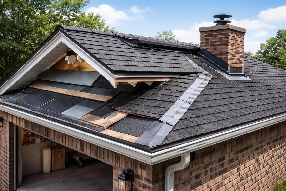 Roof showing shingles removed for ventilation installation, chimney, and roofing materials, illustrating roofing maintenance and ventilation strategies relevant to Dallas-Fort Worth climate.