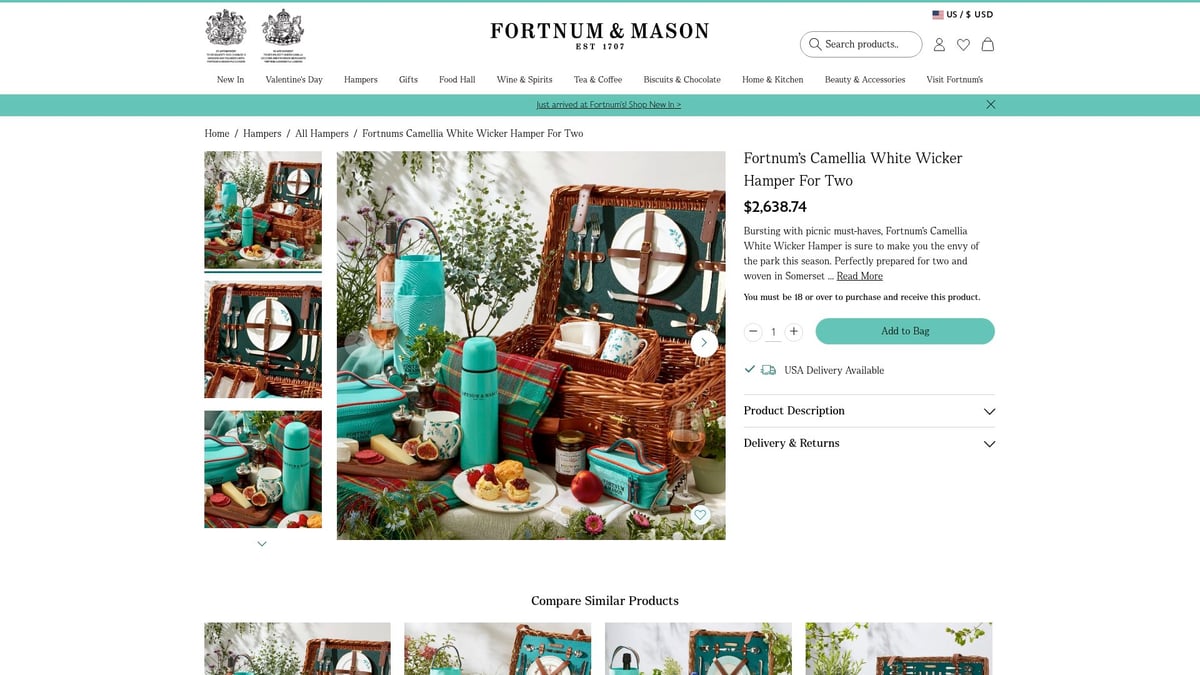 7 Unique Gift Hamper Ideas to Surprise Loved Ones in 2026 - Fortnum's Camellia White Wicker Hamper For Two