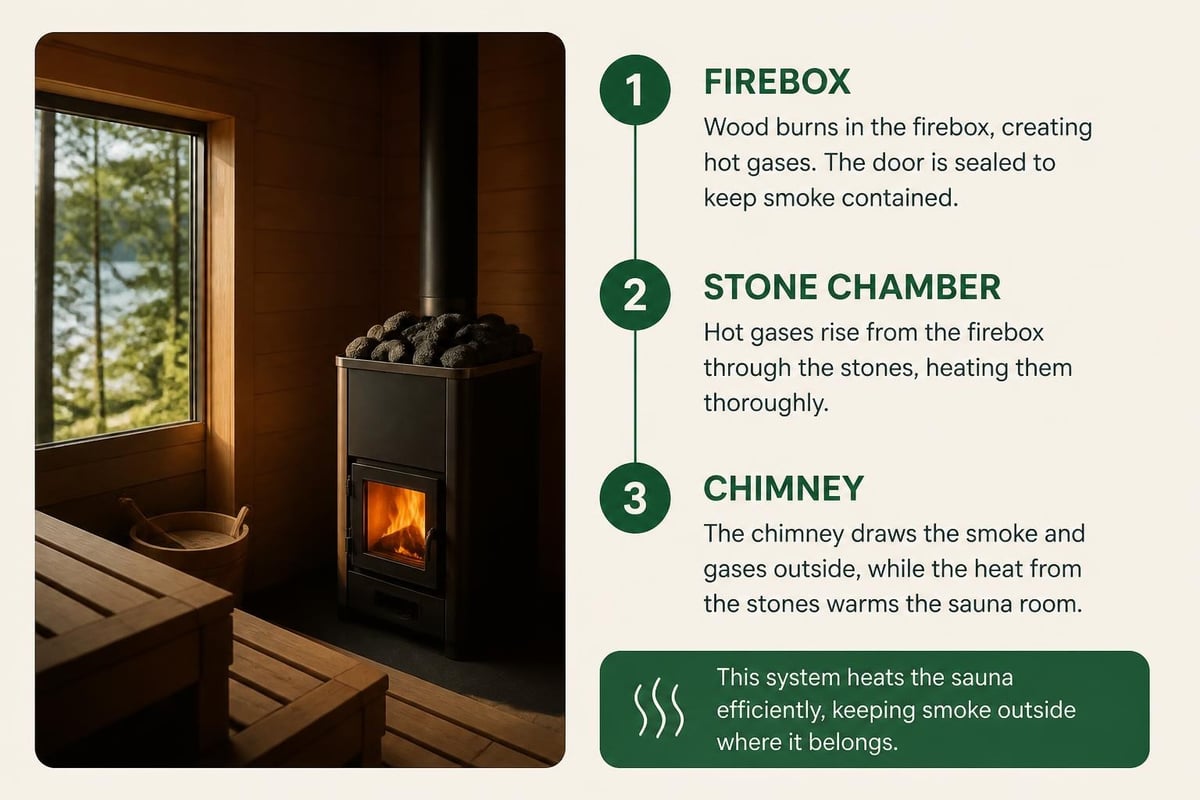 Wood fired sauna internal combustion