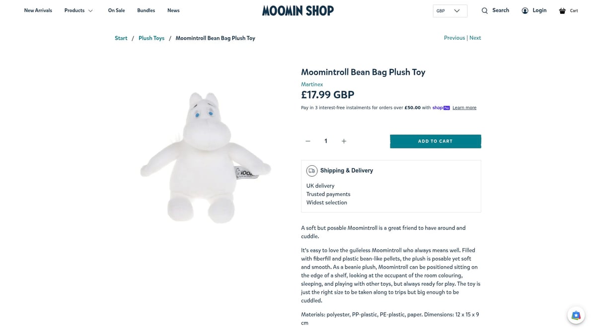 Top 8 Plush UK Finds You’ll Love in 2026 - Moomintroll Bean Bag Plush Toy by Martinex