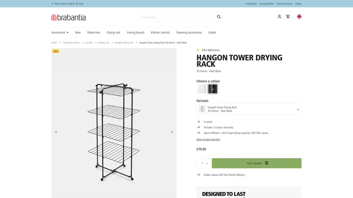 7 Smart Clothes Airer Valg Til Effektiv T&oslash;rring 2026 - Brabantia HangOn Tower Drying Rack 30m &ndash; Matt Black