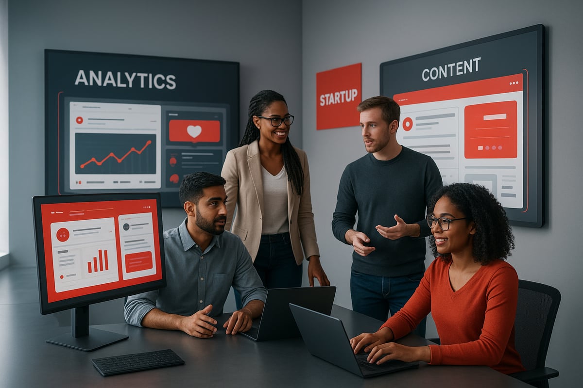 Group of people in a meeting room, looking at analytics and content on displays; red and black color scheme.