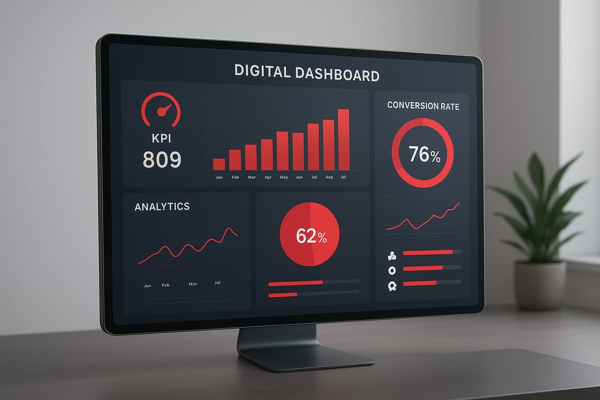 Digital dashboard displaying red charts and data against a dark background, set on a desk.