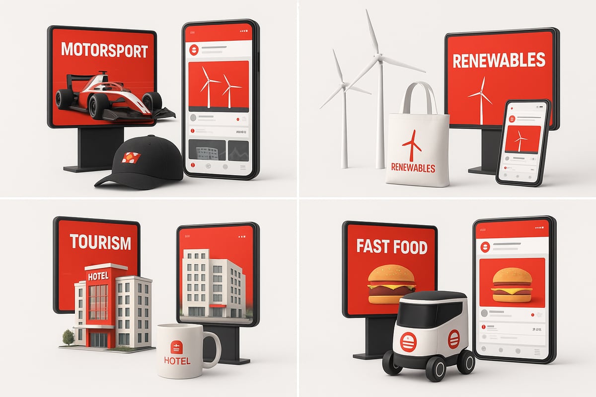 Four images featuring red app interfaces with themed objects: race car, wind turbines, buildings, and a food delivery robot.