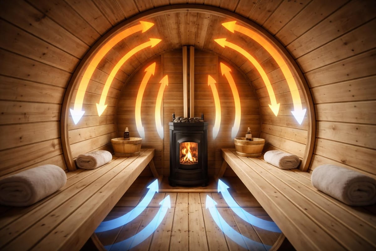 Barrel sauna heat circulation