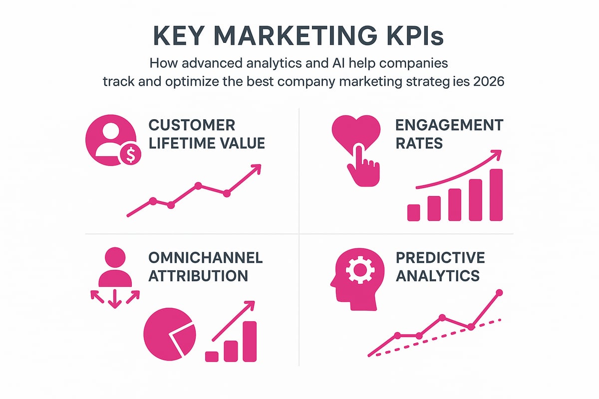 Key marketing KPIs infographic illustrating customer lifetime value, engagement rates, omnichannel attribution, and predictive analytics with upward trend graphs, emphasizing AI's role in optimizing marketing strategies for 2026.