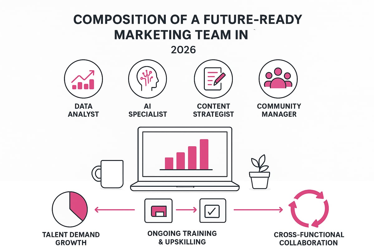Infographic illustrating the composition of a future-ready marketing team in 2026, featuring roles like Data Analyst, AI Specialist, Content Strategist, and Community Manager, alongside elements representing talent demand growth, ongoing training, and cross-functional collaboration.