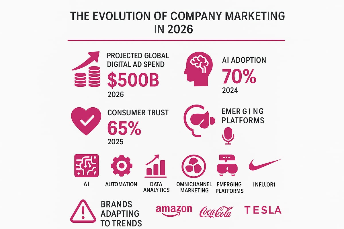 Infographic illustrating the evolution of company marketing in 2026, featuring projected global digital ad spend of $500B, AI adoption rate of 70% by 2024, and consumer trust at 65% by 2025, alongside icons representing AI, automation, data analytics, and omnichannel marketing, with logos of brands like Amazon, Coca-Cola, and Tesla.