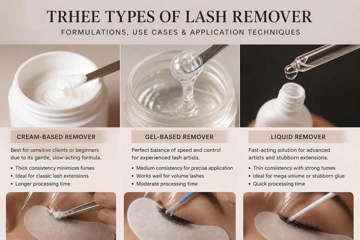 Cream, gel, and liquid eyelash extension remover types