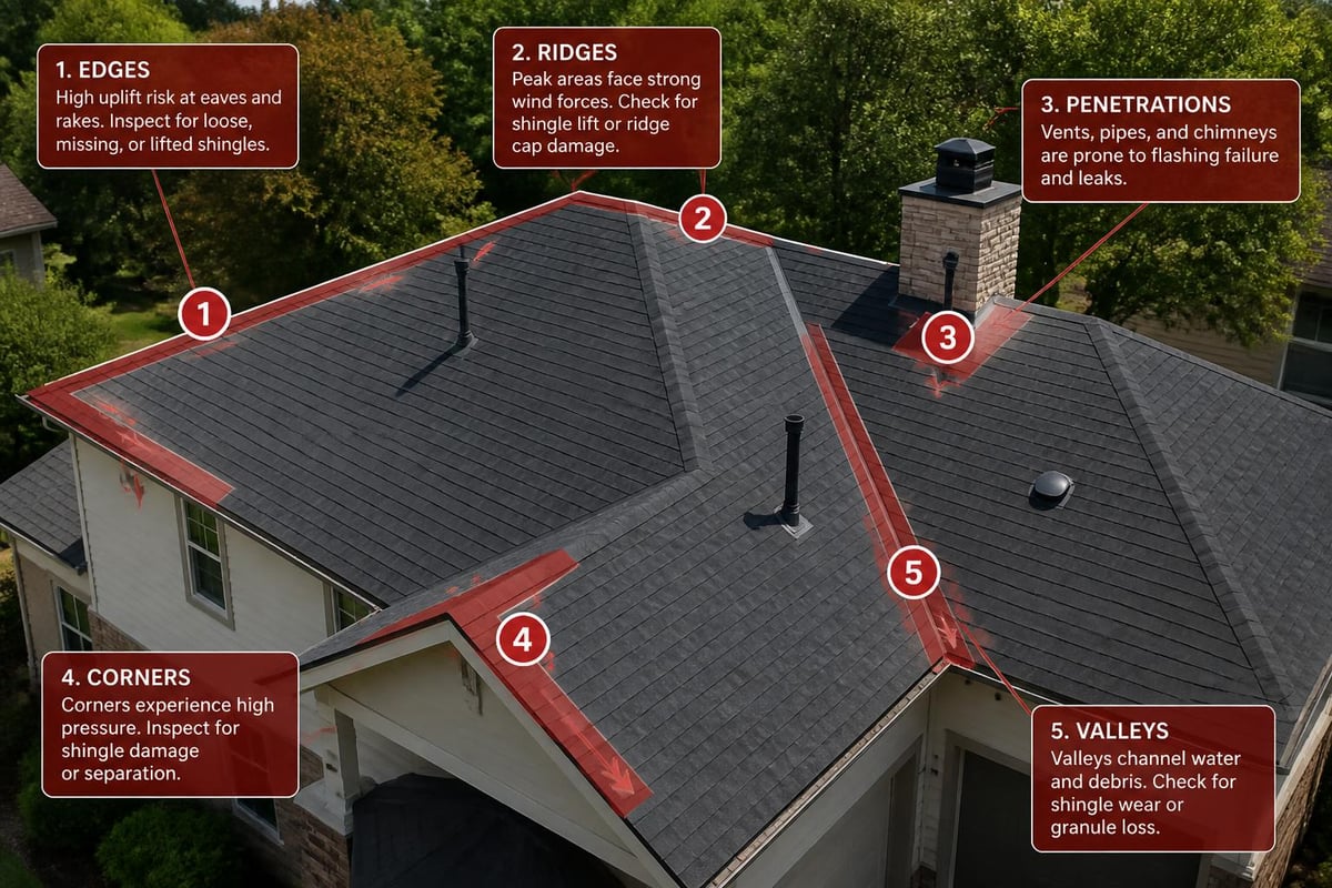 Roof vulnerability zones during wind events