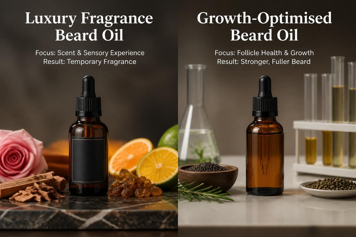 Fragrance-first versus growth-focused beard oil formulation