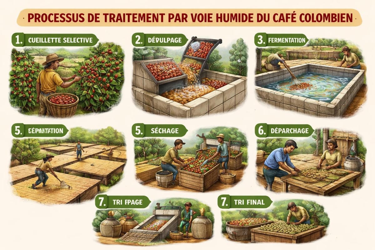 Traitement café lavé colombien