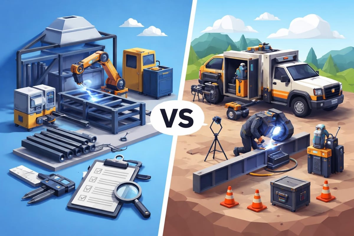 Industrial welding comparison: robotic fabrication setup with advanced equipment on the left and field welding operations with mobile units and technicians on the right, illustrating shop and field service capabilities for industrial projects.