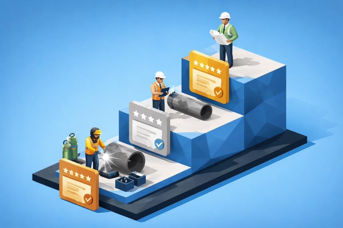 Illustration of welders working on pipes with safety gear, showcasing certification and quality control in welding processes.