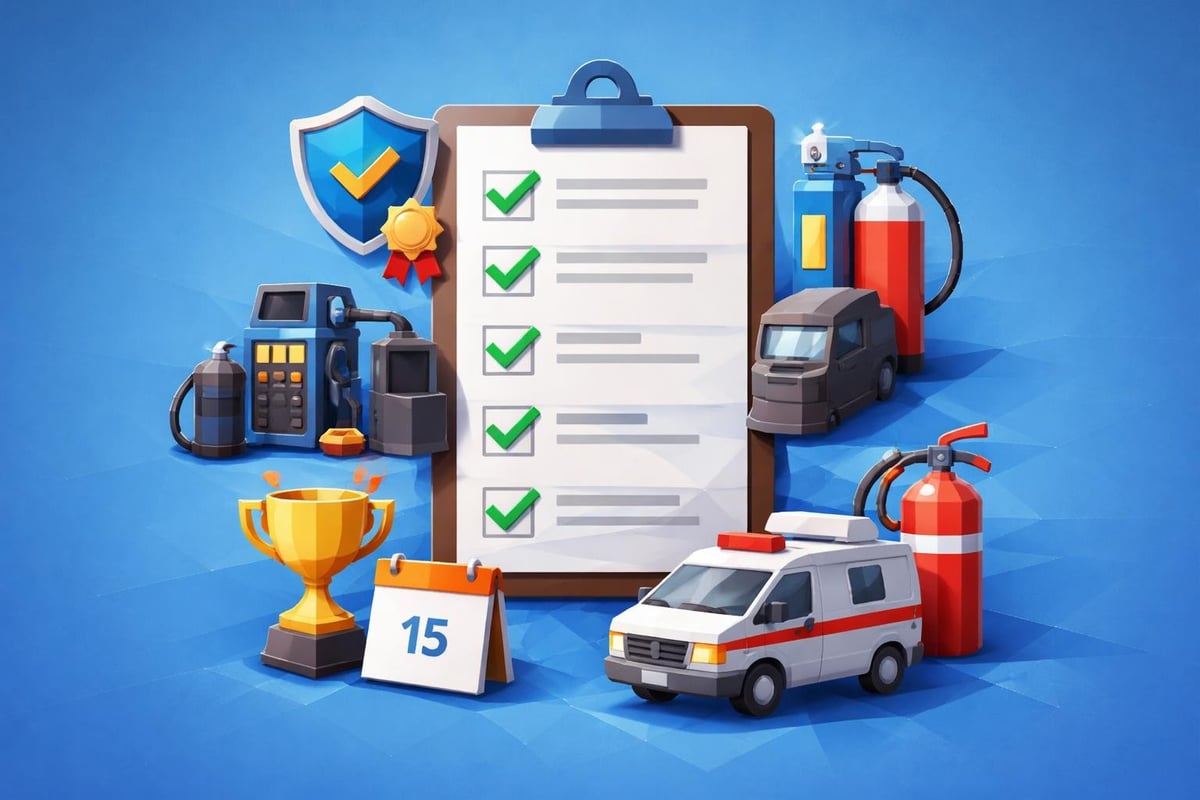 Welding safety checklist with tools, fire extinguishers, ambulance, trophy, and certification badge, emphasizing operational readiness for industrial projects in the Western United States.