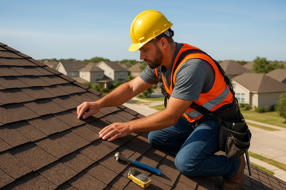 Roofing professional inspecting shingles on a residential roof in Fort Worth, Texas, wearing a safety helmet and harness, with tools nearby.