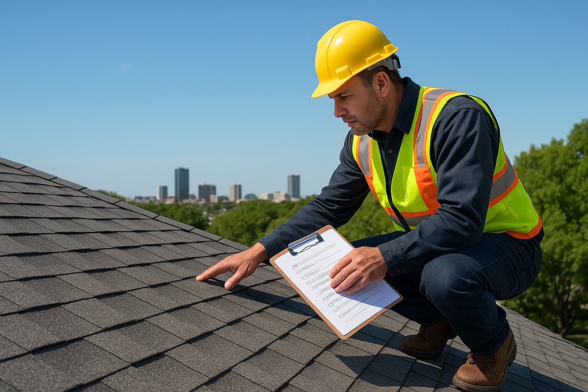 Construction worker inspecting a roof with a clipboard, emphasizing routine maintenance and inspection strategies for roof repair in Fort Worth, Texas.