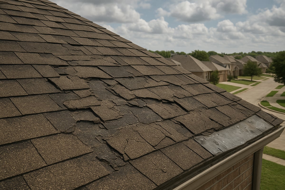 Damaged asphalt roof shingles showing significant wear and tear, highlighting the need for roof repair in Fort Worth, Texas, amidst residential neighborhood backdrop.