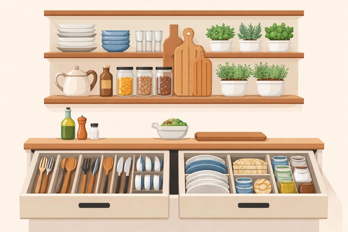 Skandinavische Küchenorganisation mit natürlichen Materialien