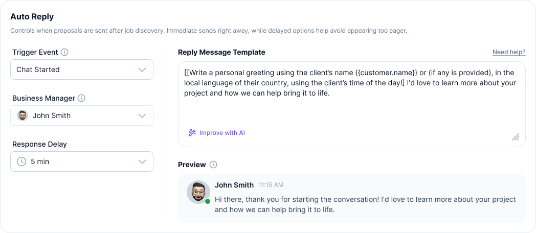 Example: Auto Reply settings showing how agencies balance speed with personalization in client outreach