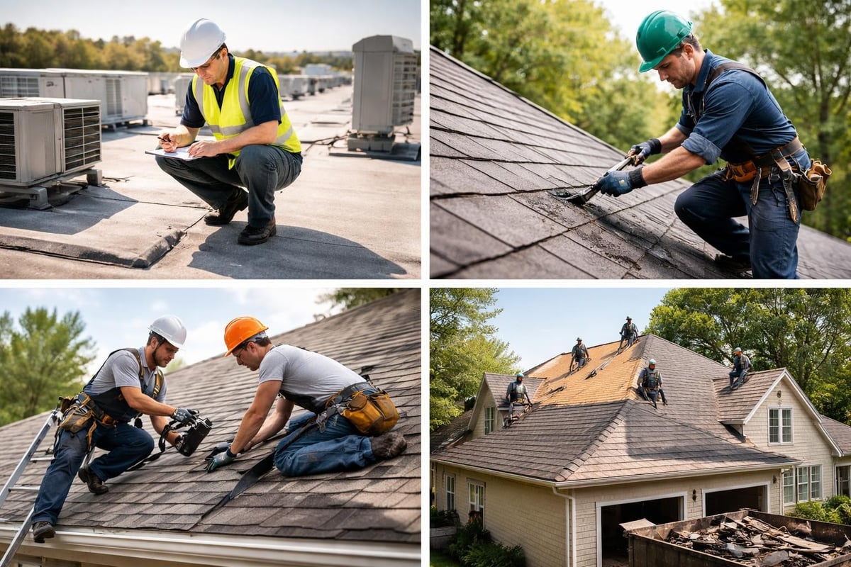 Roofing professionals conducting inspections and repairs on residential and commercial roofs, including maintenance tasks and replacement installations.