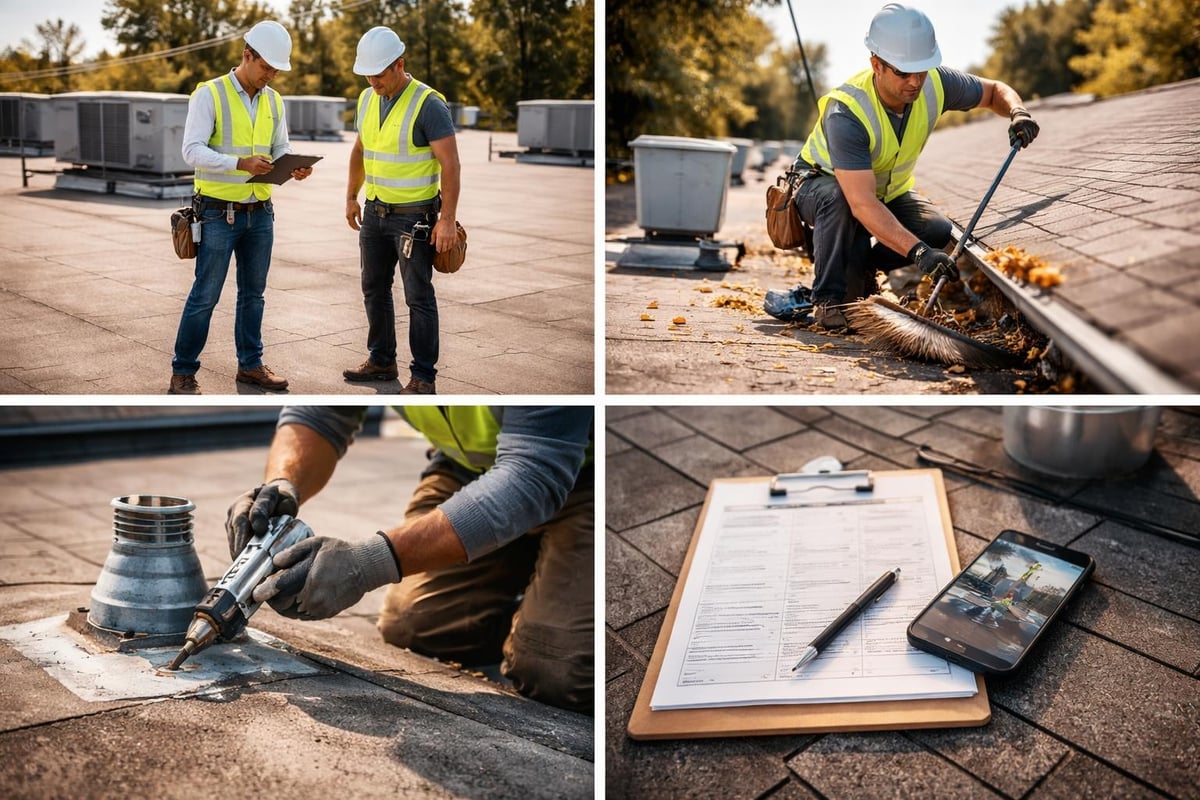 Roofing professionals inspecting and maintaining flat roof systems, clearing debris, applying sealant, and reviewing maintenance checklists for proactive service roofing.