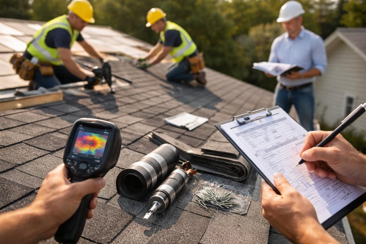 Roofing professionals inspecting shingles, using thermal imaging device, reviewing project details on clipboard, and ensuring proper installation practices for service roofing.
