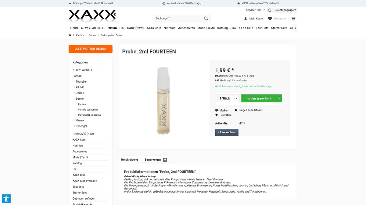 Top 8 Parfumproben Damen 2026: Entdecke Neue Dufttrends - XAXX Probe, 2ml FOURTEEN – Orientalisch, frisch & verspielt