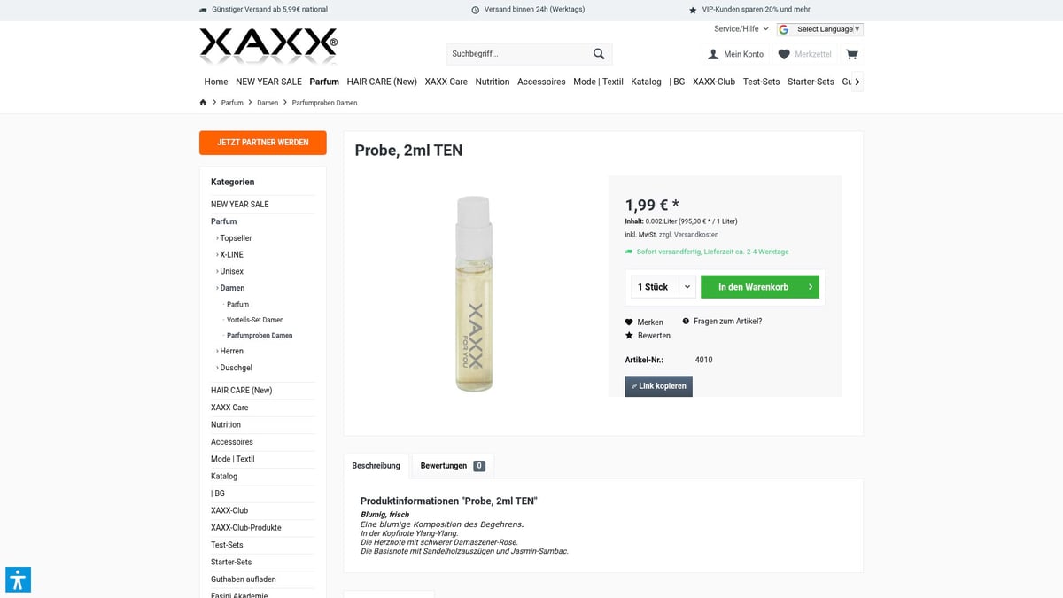 Top 8 Parfumproben Damen 2026: Entdecke Neue Dufttrends - XAXX Probe, 2ml TEN – Blumige Frische mit Ylang-Ylang & Rose