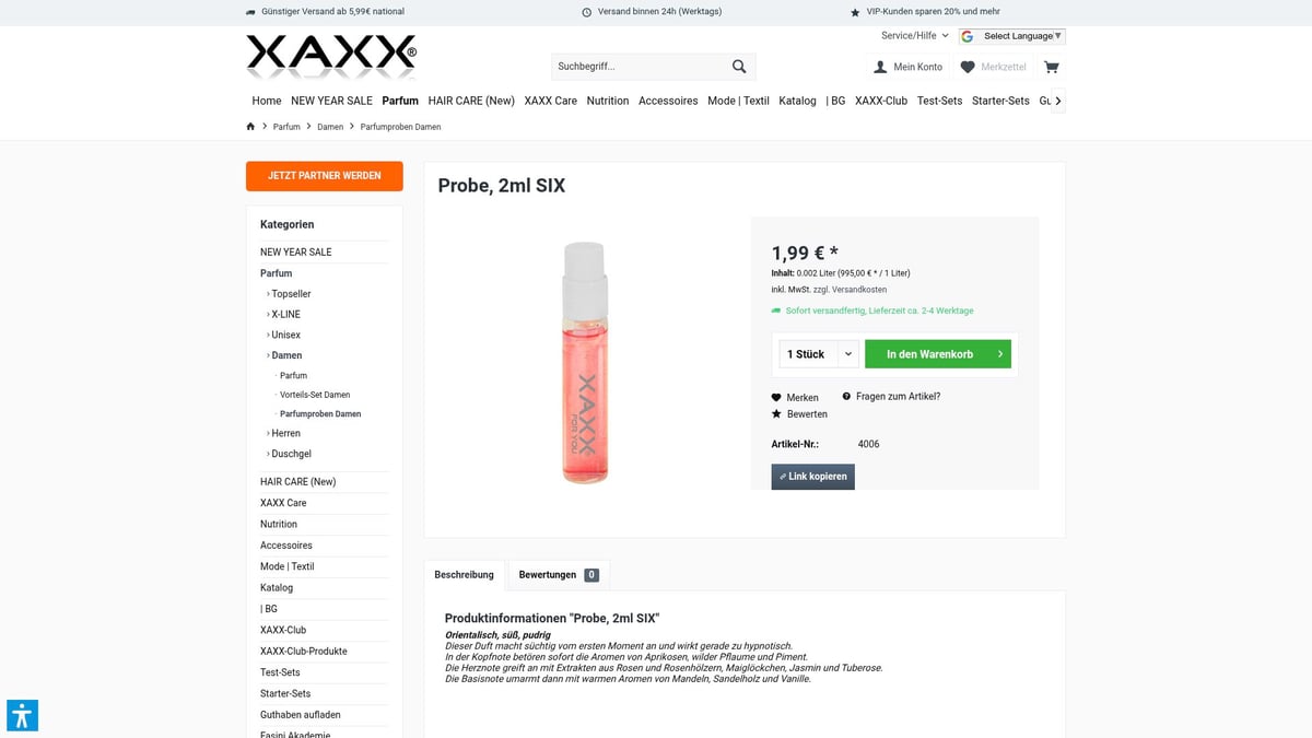 Top 8 Parfumproben Damen 2026: Entdecke Neue Dufttrends - XAXX Probe, 2ml SIX – Orientalisch, süß & pudrig