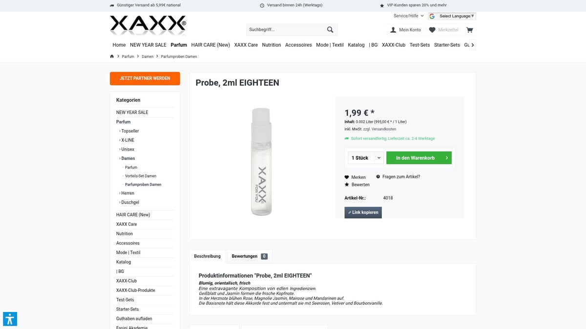 Top 8 Parfumproben Damen 2026: Entdecke Neue Dufttrends - XAXX Probe, 2ml EIGHTEEN – Blumig, orientalisch & frisch