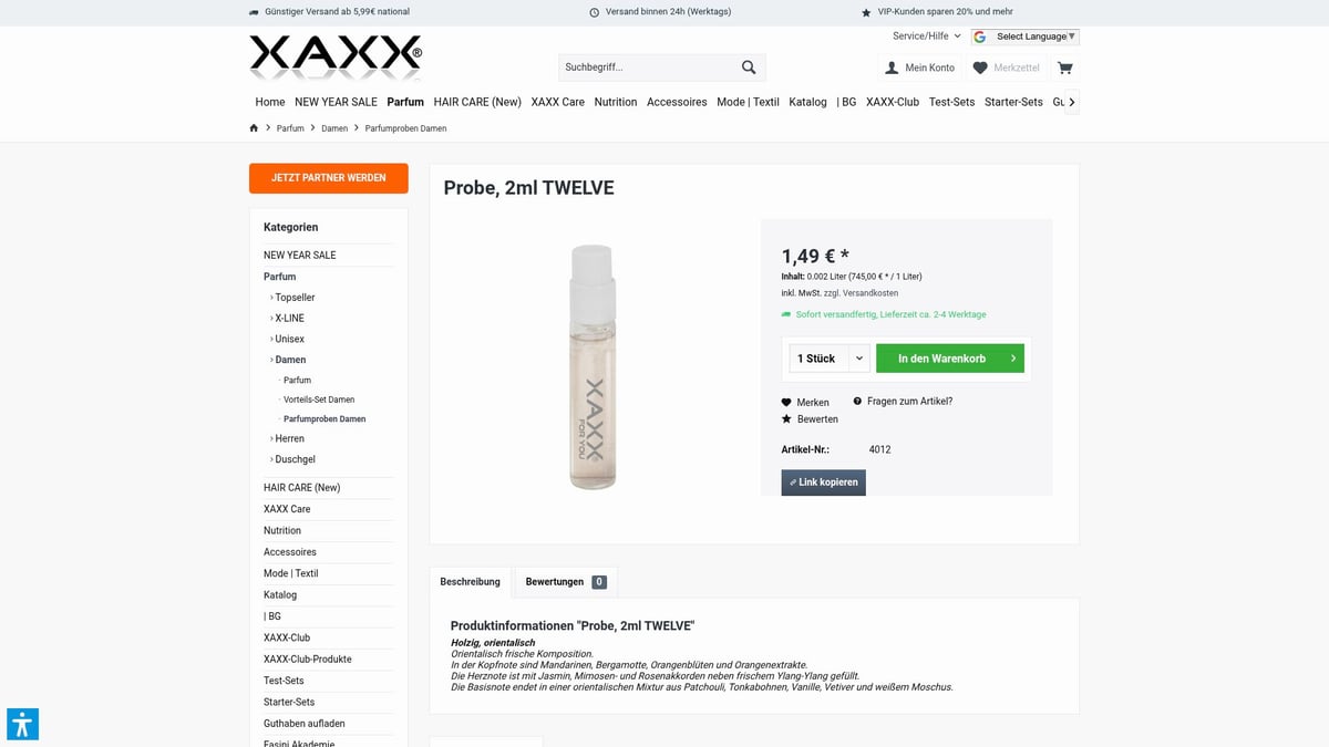 Top 8 Parfumproben Damen 2026: Entdecke Neue Dufttrends - XAXX Probe, 2ml TWELVE – Holzig-orientalische Komposition